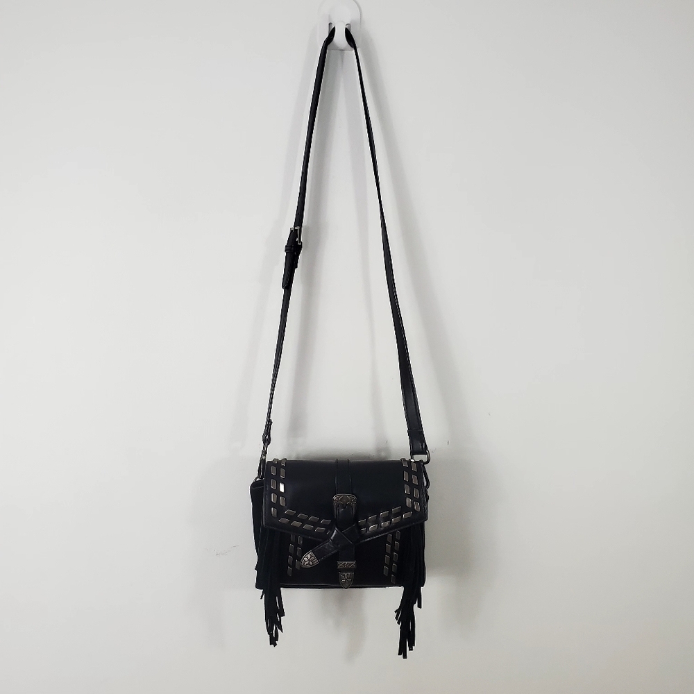 ZARA Western Black Fringe Crossbody Bag with Silver Buckle Detail - Picture 4 of 15